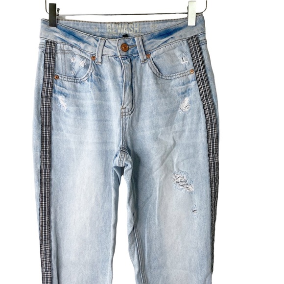 REWASH High Rise Plaid Race Stripe Raw Hem Frayed Ankle Crop Light Wash Jeans 26 - Picture 2 of 8